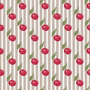 Retro Cherry // Normal scale // Cherries Fuits Beige White Stripes Background