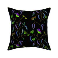 Chateau Chinoiserie, glass window (Azure Kingfisher) - lime + violet on black, medium to large 