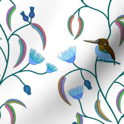 Chateau Chinoiserie (Azure Kingfisher) - turquoise + sepia on white, medium to large 