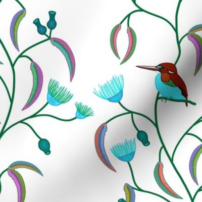 Chateau Chinoiserie (Azure Kingfisher) - cyan + chestnut on white, medium to large 