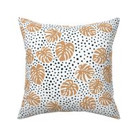 Monstera leaves tropical summer garden and dots - The boys collection beige caramel blue navy spots on white