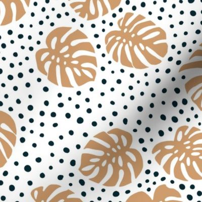 Monstera leaves tropical summer garden and dots - The boys collection beige caramel blue navy spots on white