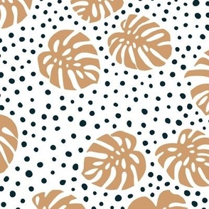 Monstera leaves tropical summer garden and dots - The boys collection beige caramel blue navy spots on white