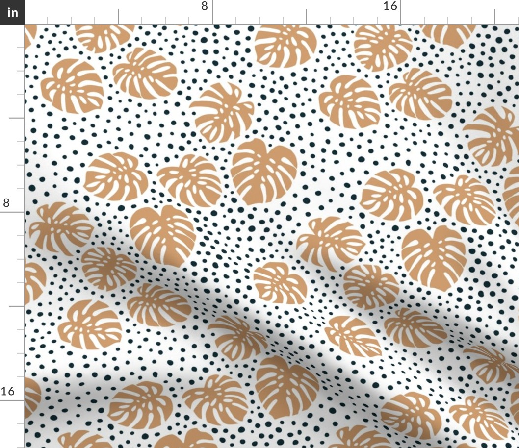 Monstera leaves tropical summer garden and dots - The boys collection beige caramel blue navy spots on white