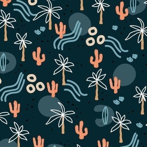 Cactus and palm trees california botanical theme - The boys collection coral orange blue on navy