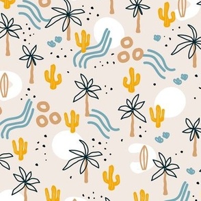 Cactus and palm trees california botanical theme - The boys collection yellow blue on beige sand