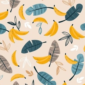 Banana garden tropical summer leaves and hawaii island vibes petals - The boys collection  blue teal yellow on beige sand