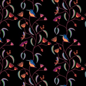Chateau Chinoiserie (Azure Kingfisher) - peach + teal on black, medium to large 