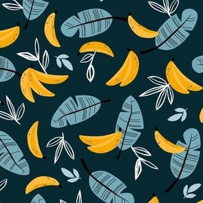 Banana garden tropical summer leaves and hawaii island vibes petals - The boys collection  moody blue yellow white on baby navy blue