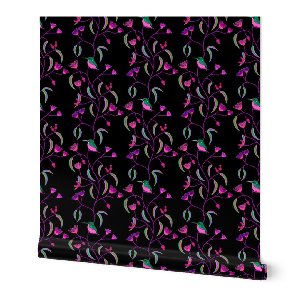 Chateau Chinoiserie (Azure Kingfisher) - magenta + emerald on black, medium to large 