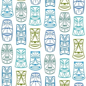 Tiki Heads Aqua Teal Perwinkle Gold on White