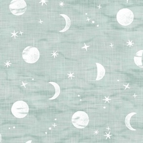 Shibori Moons and Stars in Sea Mist | Night sky fabric, block printed moon on linen pattern, crescent moon, arashi shibori linen, eucalyptus green blue gray.