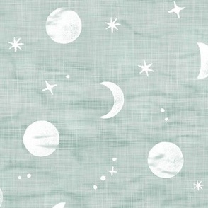 Shibori Moons and Stars in Sea Mist (large scale) | Night sky fabric, block printed moon on linen pattern, crescent moon, arashi shibori linen, eucalyptus green blue gray.