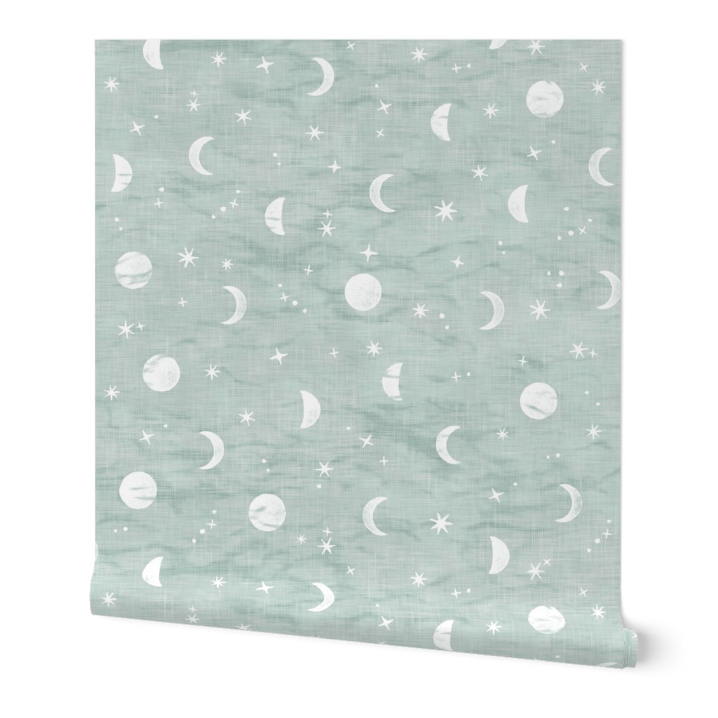 Shibori Moons and Stars in Sea Mist (xl scale) | Night sky fabric, block printed moon on linen pattern, crescent moon, arashi shibori linen, eucalyptus green blue gray.