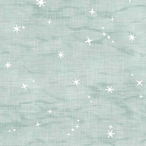 Shibori Stars in Sea Mist | Night sky fabric, block printed stars on linen pattern, arashi shibori linen, star constellations in eucalyptus green blue gray.