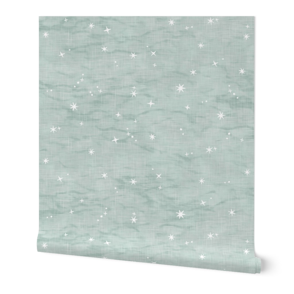 Shibori Stars in Sea Mist (large scale) | Night sky fabric, block printed stars on linen pattern, arashi shibori linen, star constellations in eucalyptus green blue gray.