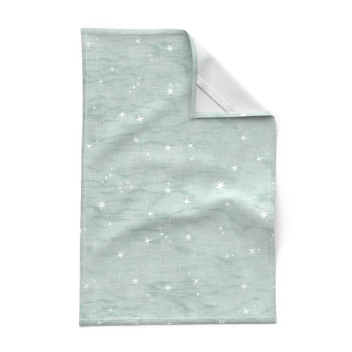 Shibori Stars in Sea Mist (large scale) | Night sky fabric, block printed stars on linen pattern, arashi shibori linen, star constellations in eucalyptus green blue gray.