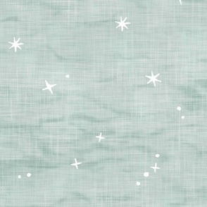 Shibori Stars in Sea Mist (large scale) | Night sky fabric, block printed stars on linen pattern, arashi shibori linen, star constellations in eucalyptus green blue gray.