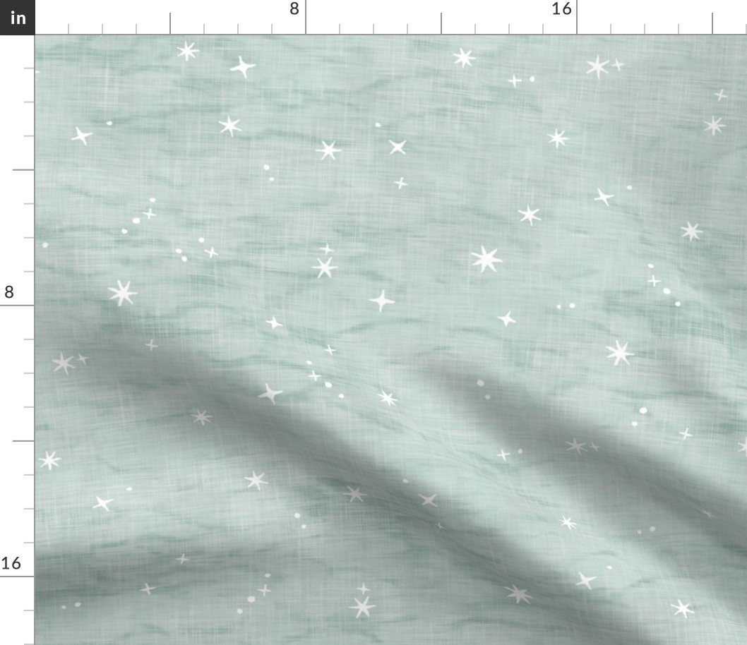 Shibori Stars in Sea Mist (large scale) | Night sky fabric, block printed stars on linen pattern, arashi shibori linen, star constellations in eucalyptus green blue gray.