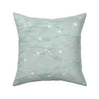 Shibori Stars in Sea Mist (xl scale) | Night sky fabric, block printed stars on linen pattern, arashi shibori linen, star constellations in eucalyptus green blue gray.