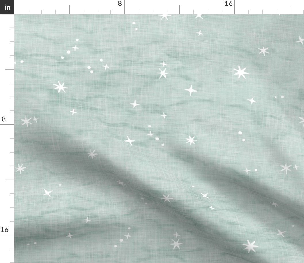 Shibori Stars in Sea Mist (xl scale) | Night sky fabric, block printed stars on linen pattern, arashi shibori linen, star constellations in eucalyptus green blue gray.