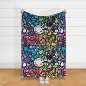 Color your way playmat // yard scale 42''x36'' // midnight blue background color palette centred with colourful objects, fruits, veggies animals and vehicles all around 