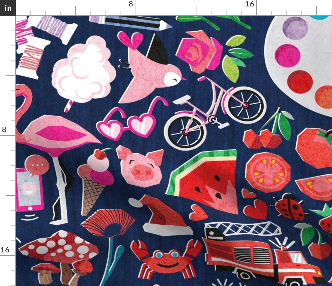 Color your way playmat // yard scale 42''x36'' // midnight blue background color palette centred with colourful objects, fruits, veggies animals and vehicles all around 