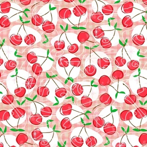 Cherry Cherry Gingham -- Red Cherries over Red Gingham with Cherry Leaves -- 339dpi (44% of full scale)