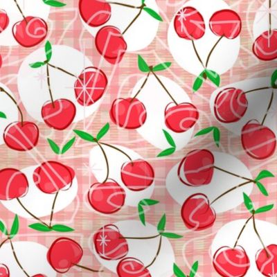 Cherry Cherry Gingham -- Red Cherries over Red Gingham with Cherry Leaves -- 485dpi (31% of full scale)
