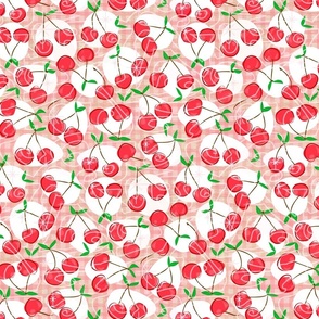 Cherry Cherry Gingham -- Red Cherries over Red Gingham with Cherry Leaves -- 485dpi (31% of full scale)