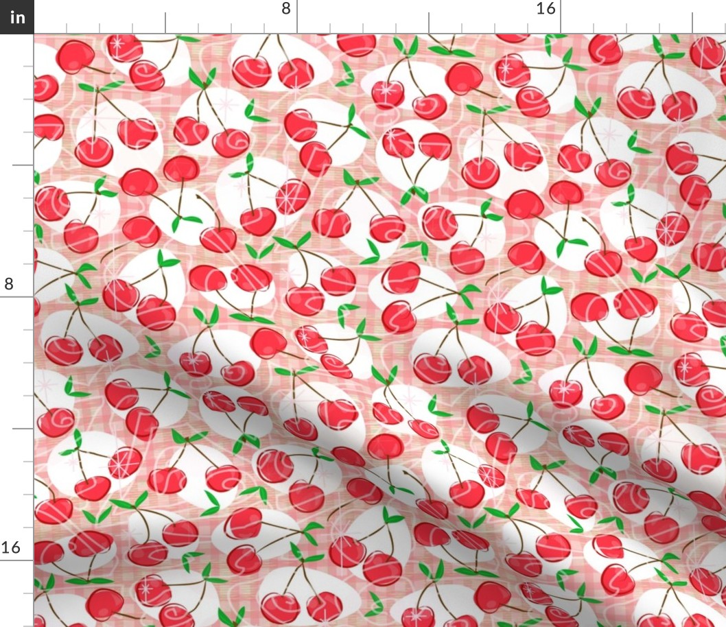 Cherry Cherry Gingham -- Red Cherries over Red Gingham with Cherry Leaves -- 485dpi (31% of full scale)