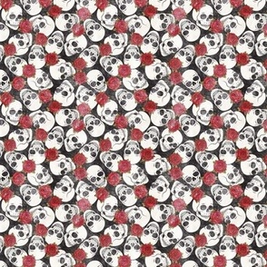 (small scale) skulls and roses - halloween skeletons - red on black distressed - C21