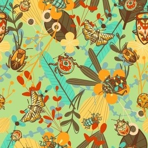 Hand drawn nature insects and leafs retro pattern design