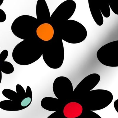 Black Flowers with Rainbow Middles on White Background - 20x20