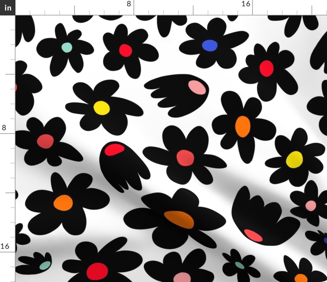 Black Flowers with Rainbow Middles on White Background - 20x20