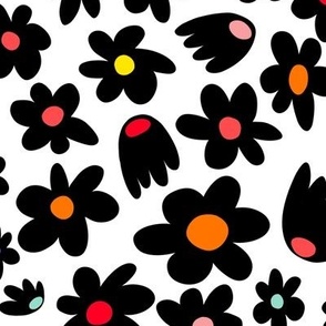 Black Flowers with Rainbow Middles on White Background - 10x10