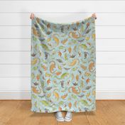 Ditsy Dinos Extra Large Teal- Happy Dinosaurs Coordinate- Adventure- Orange- Green- Yellow- Brown- Teal- Home Decor- Wallpaper