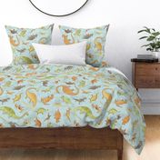 Ditsy Dinos Extra Large Teal- Happy Dinosaurs Coordinate- Adventure- Orange- Green- Yellow- Brown- Teal- Home Decor- Wallpaper