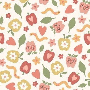 Cute Apples & Flowers in Muted  Colors (Large Scale)