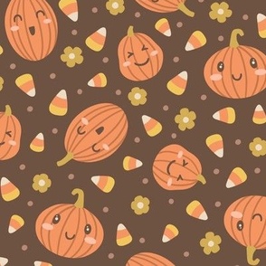 Kawaii Pumpkins, Candy Corn, & Flowers: Muted Orange on Brown (Large Scale)