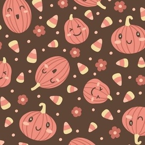 Kawaii Pumpkins, Candy Corn, & Flowers: Muted Pink on Brown (Large Scale)