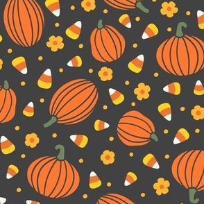 Pumpkins, Candy Corn, & Flowers: Orange on Black (Large Scale)