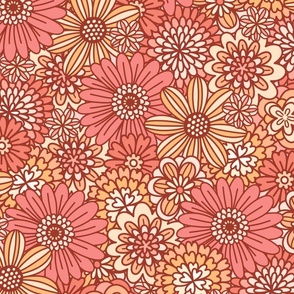 Coral & Orange Retro Flower Outlines (Large Scale)