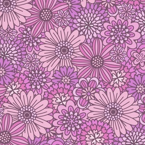 Pink & Purple Retro Flower Outlines  (Large Scale)