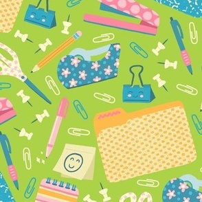 Cute Office Supplies on Green (Large Scale)