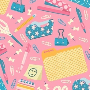 Cute Office Supplies on Pink (Large Scale)