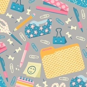 Cute Office Supplies on Gray (Large Scale)