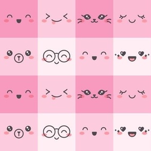 Kawaii Faces on Pink Plaid Boxes  (Medium Scale)