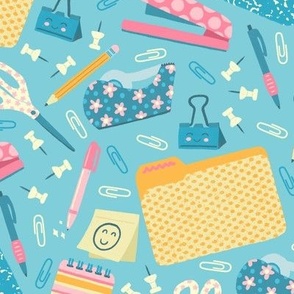 Cute Office Supplies on Blue (Large Scale)
