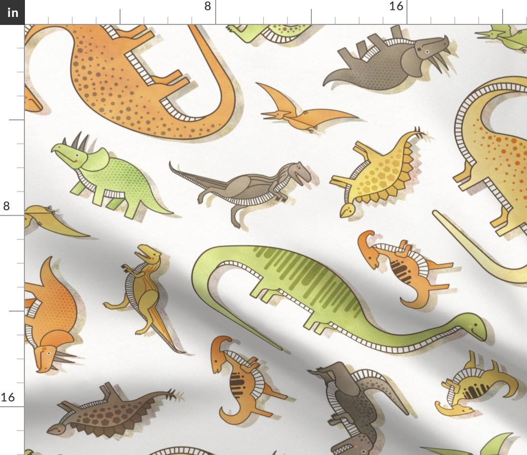 Ditsy Dinos Extra Large- Happy Dinosaurs Coordinate- Adventure- Orange- Green- Yellow- Brown- Off White- Home Decor- Wallpaper
